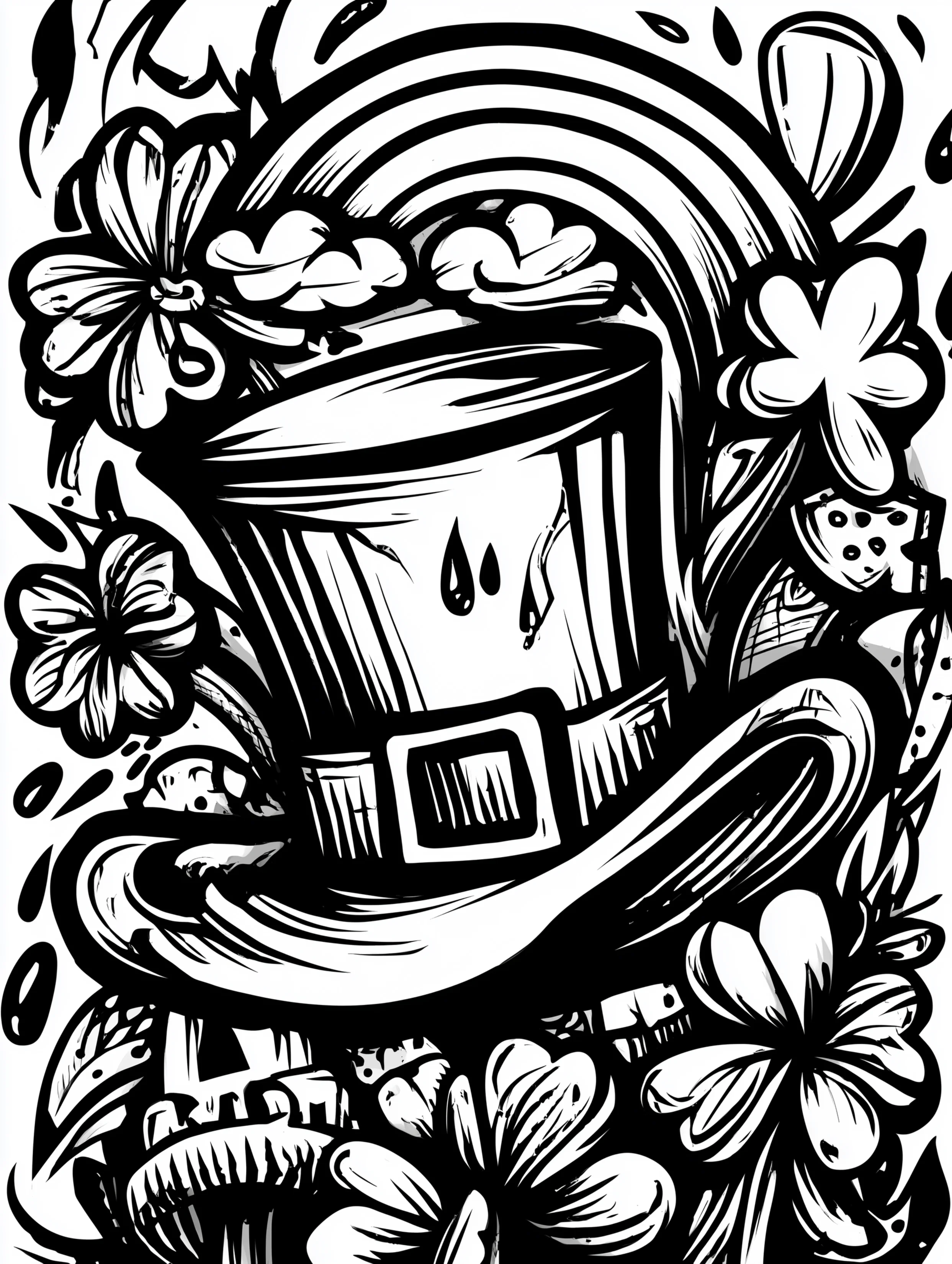 Free printable St Patricks Day coloring page for adults featuring a leprechaun hat with a rainbow